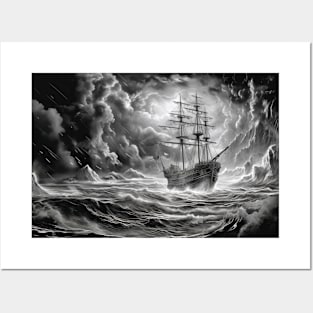 Pirate Ship Sailing Wild Fantasy Ink Sketch Style Posters and Art